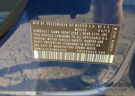 2012 Volkswagen Jetta 2.5L Sel z USA, uszkodzony, nr VIN 3VWLX7AJ2CM452555